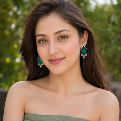 Sangeeta Boochra Handcrafted Silver Stud Earrings with Green Gemstone