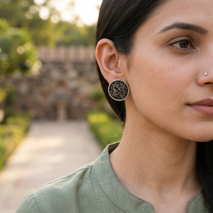 Sangeeta Boochra Oxidised Silver Round Floral Engraved Studs