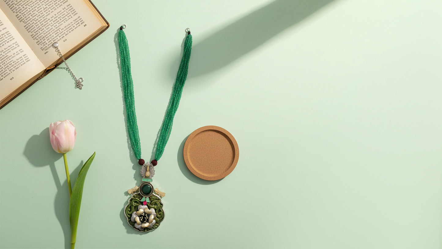 Sangeeta Boochra Statement Silver Pendant with Green Stone Detailing