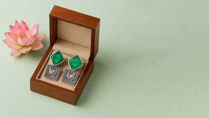 Artisan Silver Earrings with Green Gemstone and Traditional Design – Sangeeta Boochra