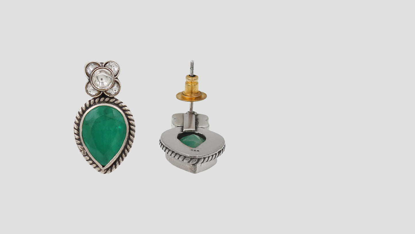 Sangeeta Boochra Artisan Silver Floral Green Statement Earrings