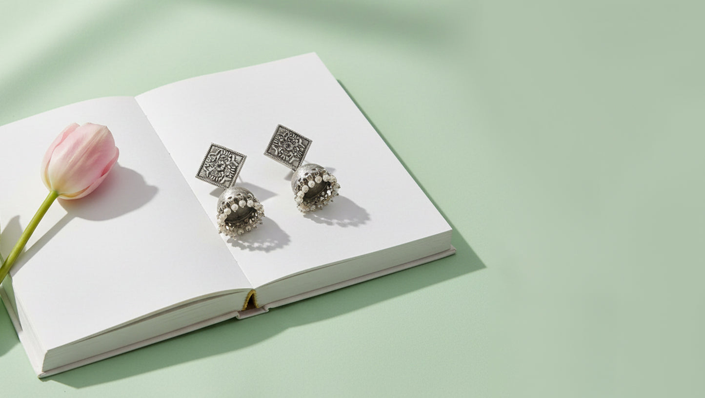 Sangeeta Boochra Handcrafted Oxidised Silver Drop Jhumkas