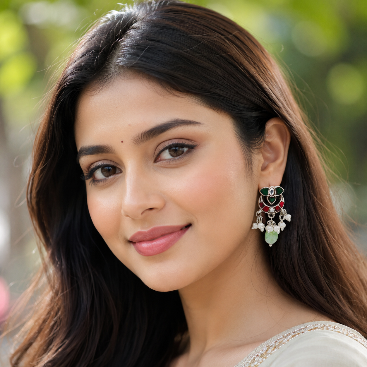 Sangeeta Boochra Silver Kundan Stud Earrings with Pearl Tassels & Green Bead Drop