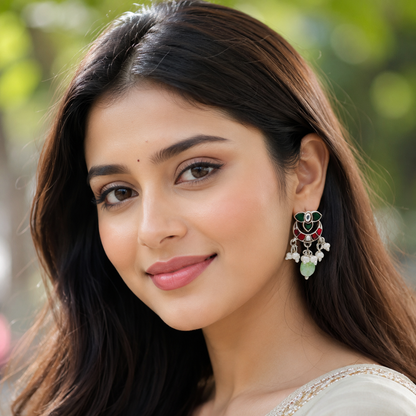 Sangeeta Boochra Silver Kundan Stud Earrings with Pearl Tassels & Green Bead Drop
