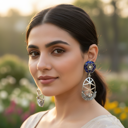 Sangeeta Boochra Blue Floral Silver Drop Earrings