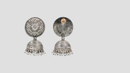 Sangeeta Boochra Floral Oxidised Silver Jhumka Earrings with Pearl Drops