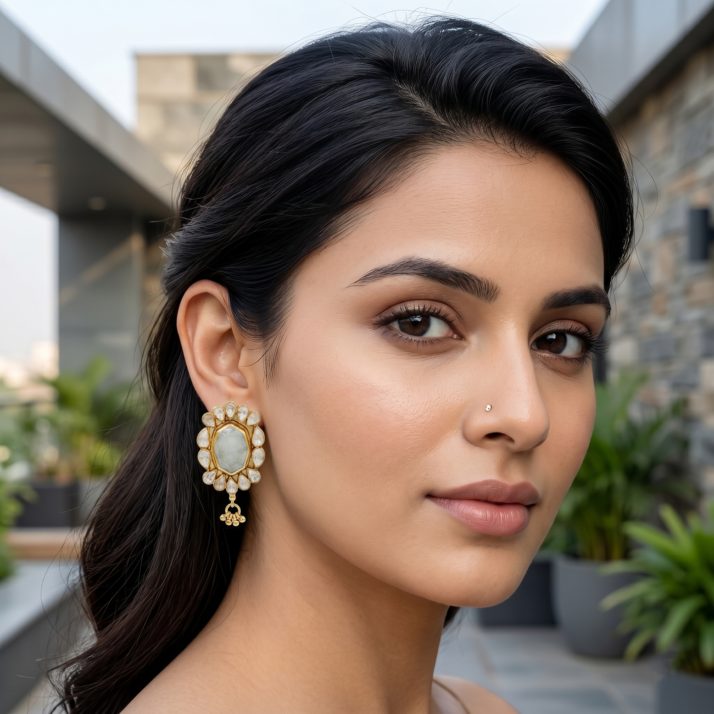 Sangeeta Boochra 925 Silver Gold Plated Moissanite & Aqua Stone Statement Earrings