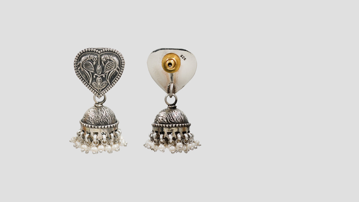 Sangeeta Boochra Handcrafted Peacock Heart Jhumki Earrings in Oxidised Silver