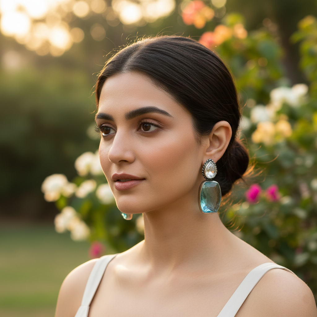 Sangeeta Boochra Silver Earrings with Aqua Blue  Stones