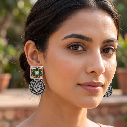 Sangeeta Boochra Handcrafted Kundan Statement Silver Earrings