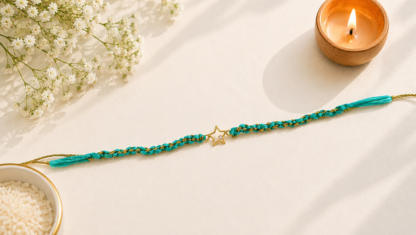 925 Sterling Silver Star Rakhi with Turquoise Thread | Sangeeta Boochra