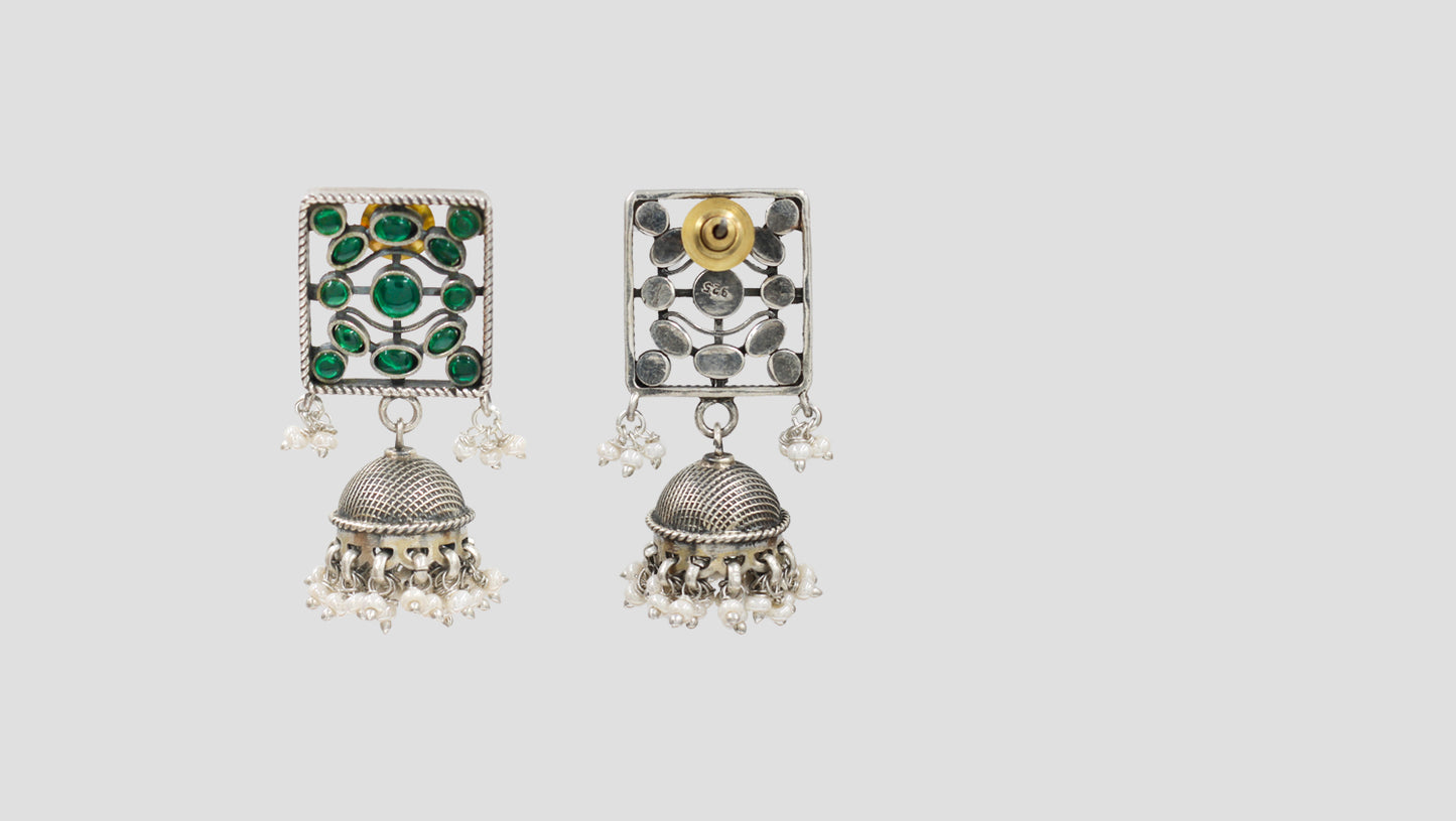 Sangeeta Boochra Traditional Green Stone Silver Jhumkas