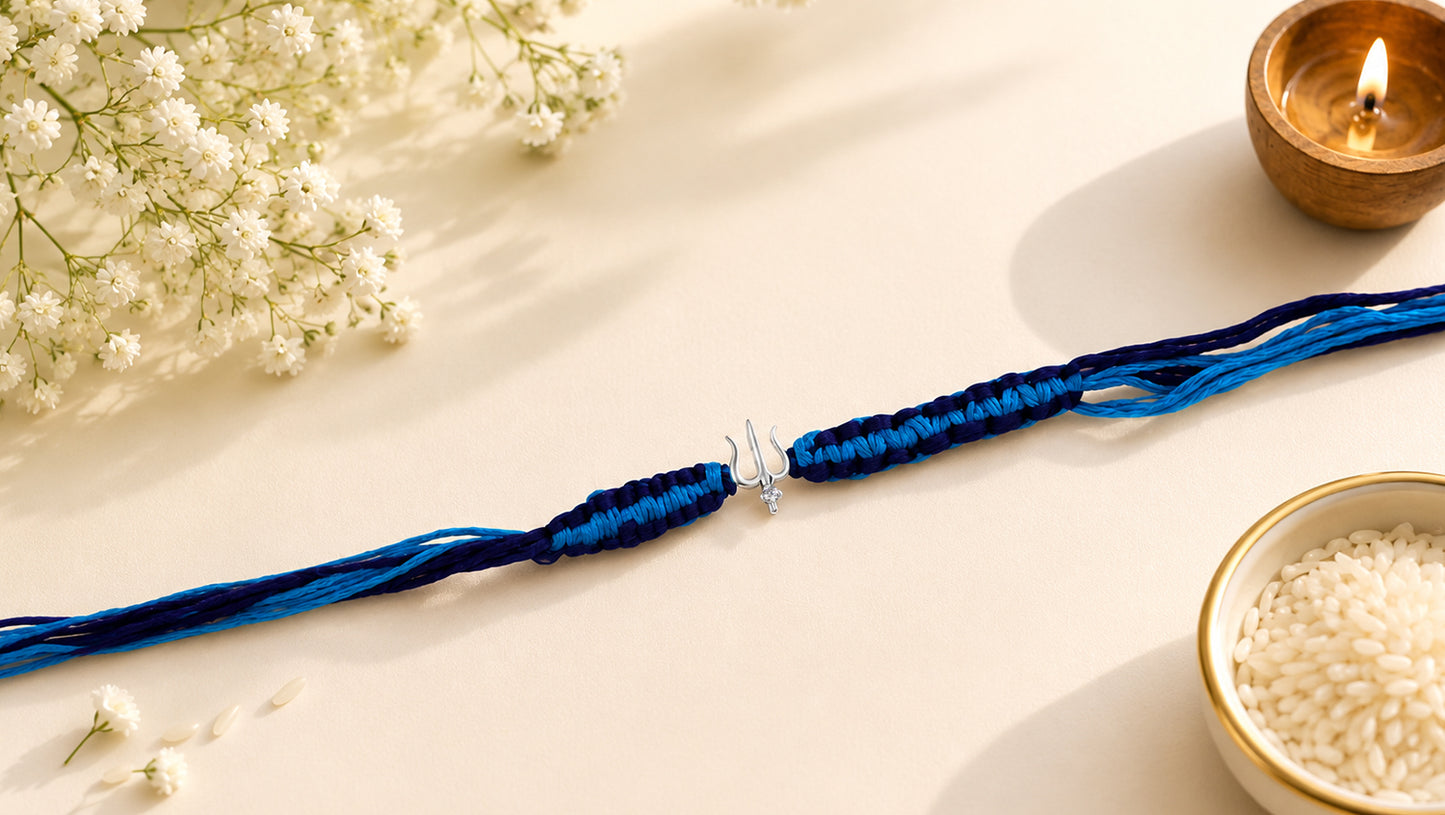 925 Sterling Silver Trishul Rakhi with Blue Thread | Sangeeta Boochra