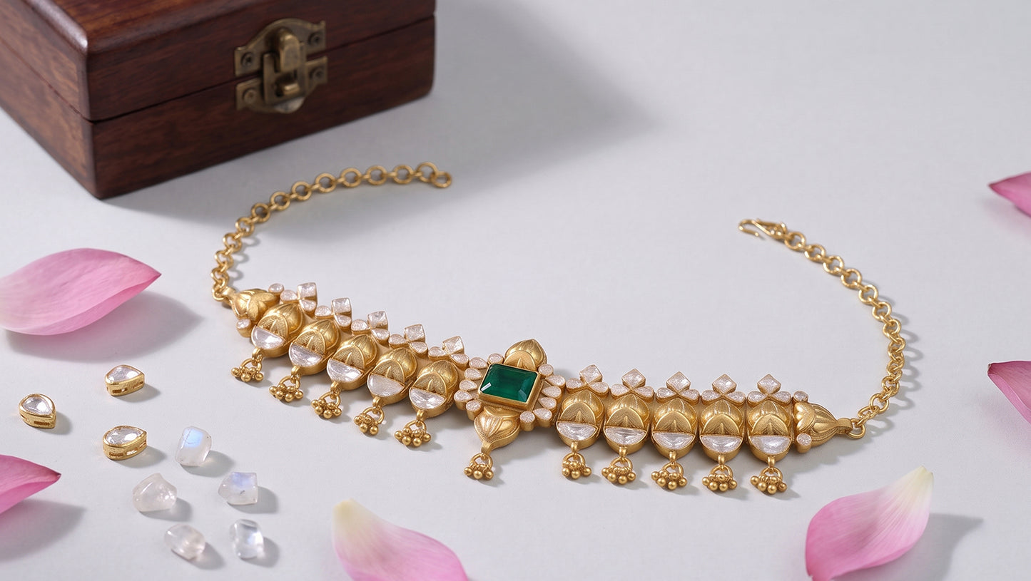 Sangeeta Boochra Designer Gold Plated Silver Traditional Choker with Moissanite & Green Stone