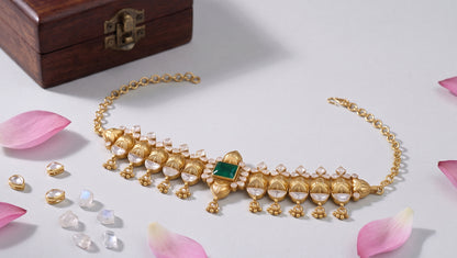 Sangeeta Boochra Designer Gold Plated Silver Traditional Choker with Moissanite & Green Stone