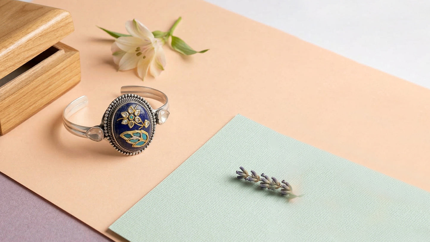 Sangeeta Boochra Blue Stone Floral Silver Statement Bracelet