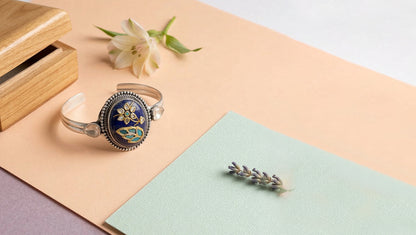 Sangeeta Boochra Blue Stone Floral Silver Statement Bracelet