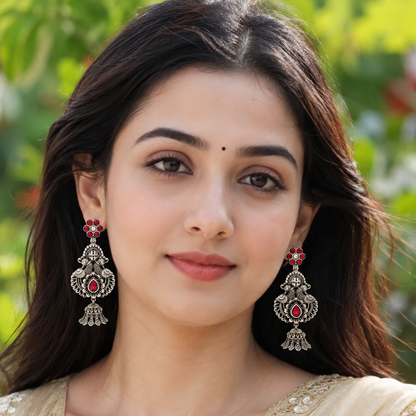 Sangeeta Boochra Handcrafted Peacock Silver Earrings with Ruby Kundan Detailing
