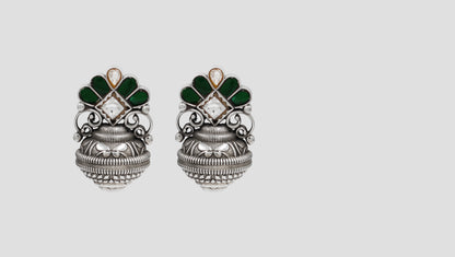 Sangeeta Boochra Green Kundan Floral Oxidised Silver Earrings