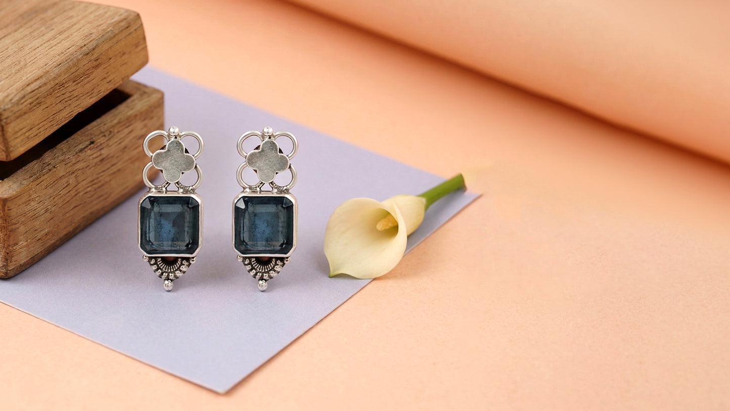Floral Motif Oxidised Silver Earrings with Blue Stone – Sangeeta Boochra