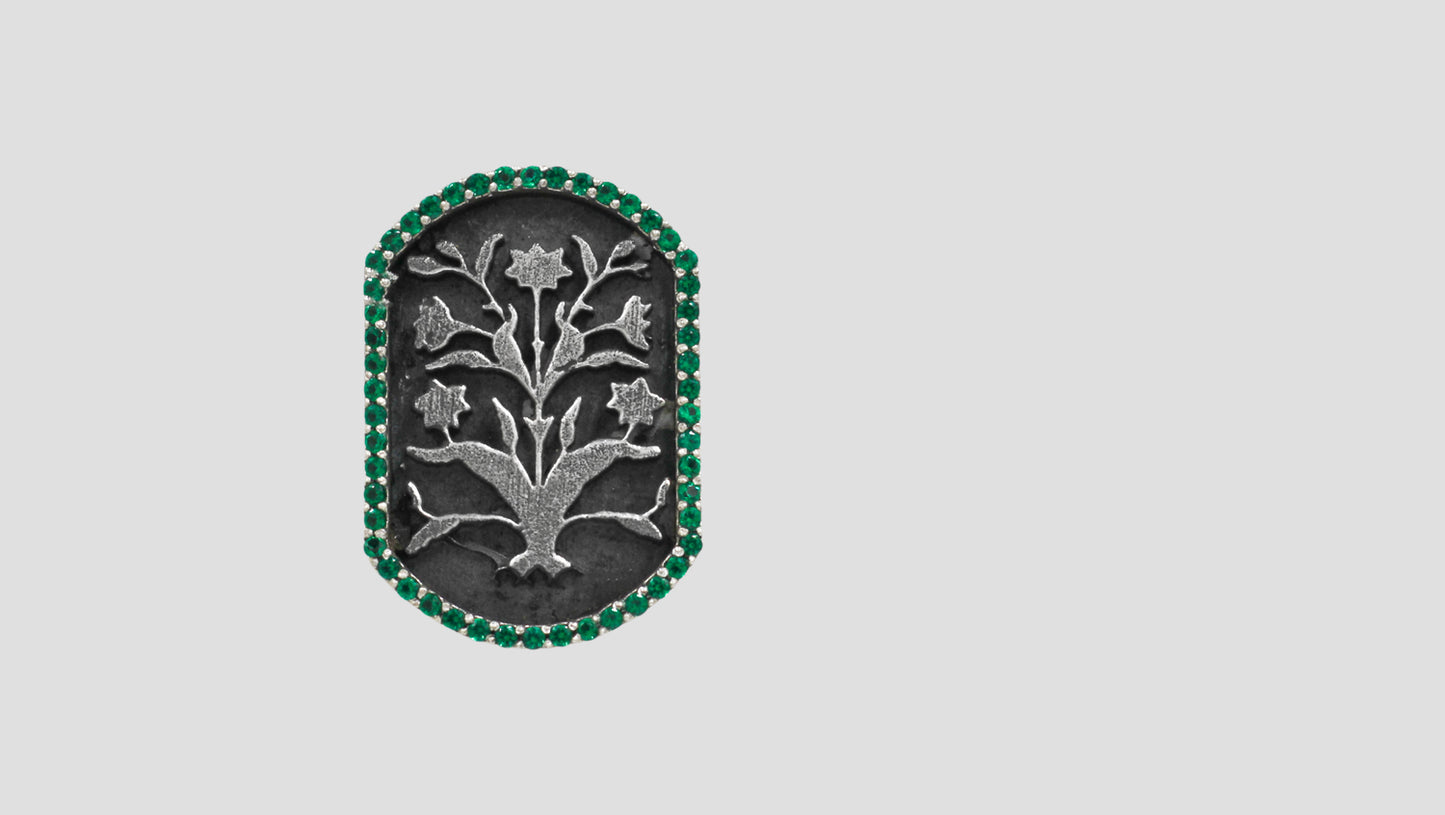 Handcrafted Oxidised Silver Statement Brooch with Floral Engraving and Green Stones | Sangeeta Boochra