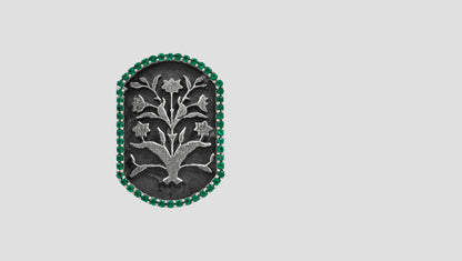 Handcrafted Oxidised Silver Statement Brooch with Floral Engraving and Green Stones | Sangeeta Boochra