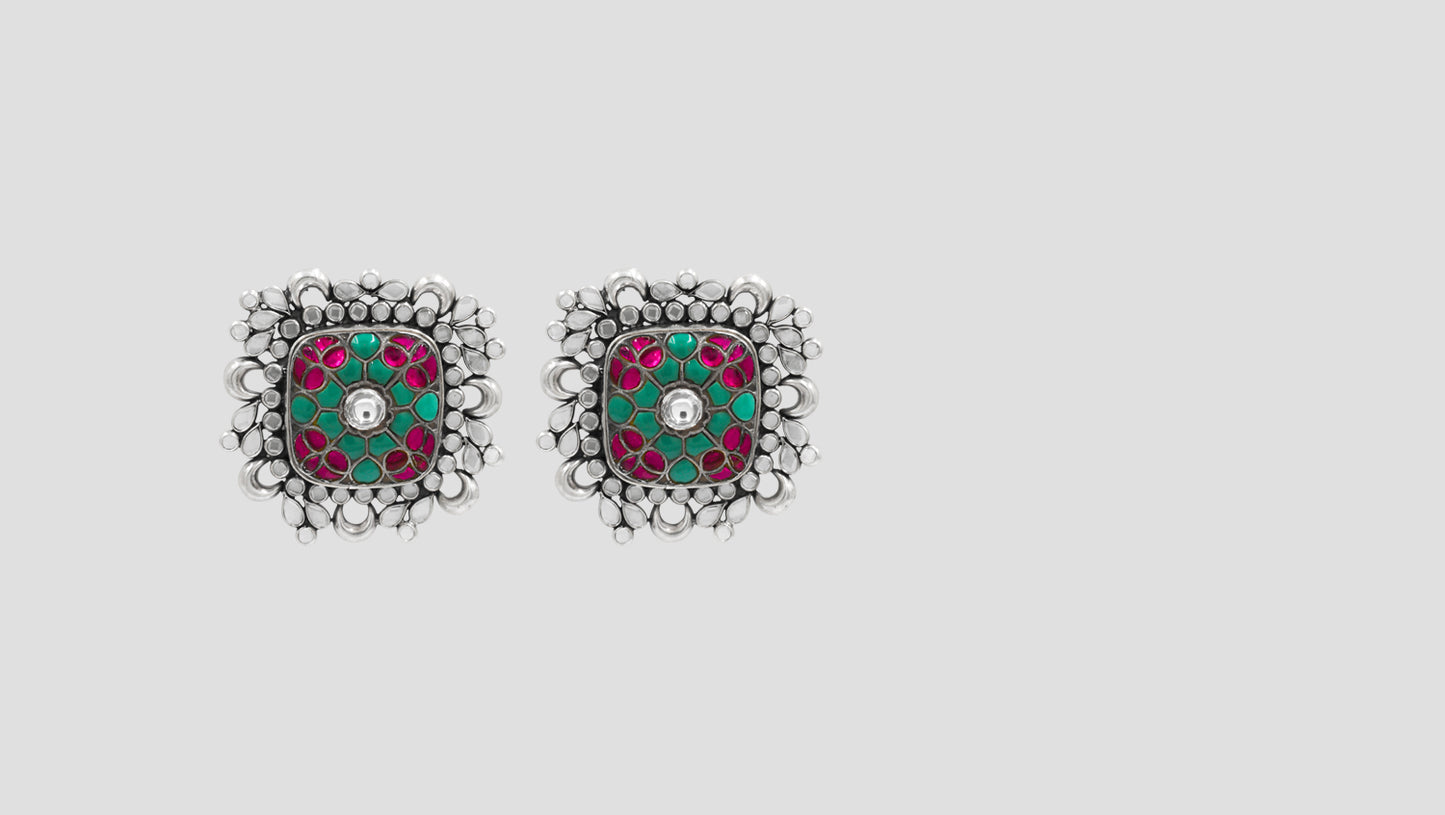 Sangeeta Boochra Antique Silver Enamel Floral Earrings