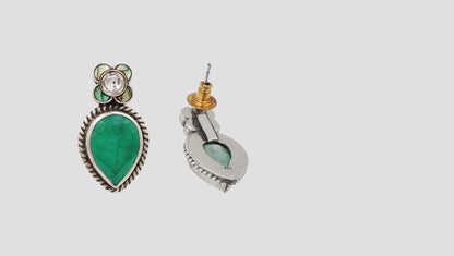 Sangeeta Boochra Oxidised Silver Green Teardrop Stone Earrings