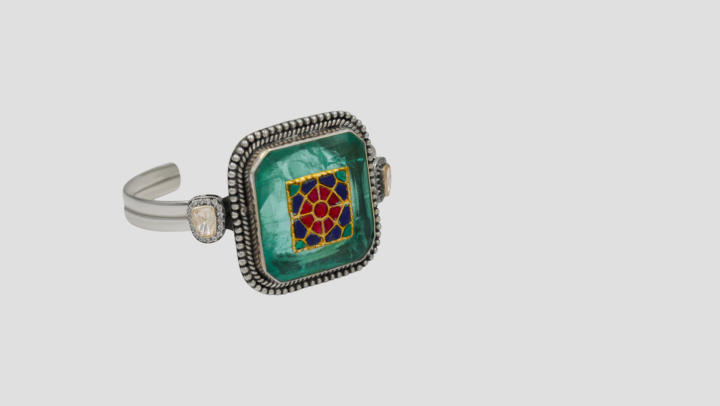 Sangeeta Boochra Green Stone Mosaic Silver Bracelet