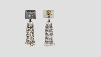 Sangeeta Boochra Vintage Floral Panel Oxidised Silver Drop Earrings