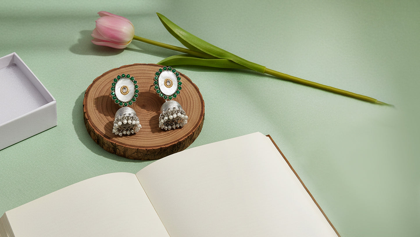 Sangeeta Boochra Heirloom Oval Green Accent Jhumkas