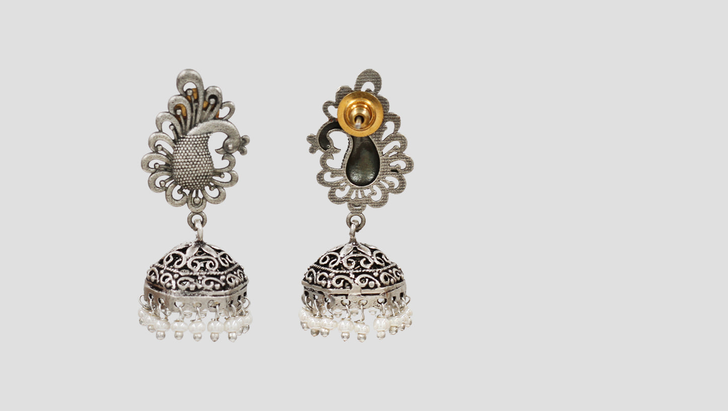 Sangeeta Boochra Peacock Motif Silver Jhumka Earrings