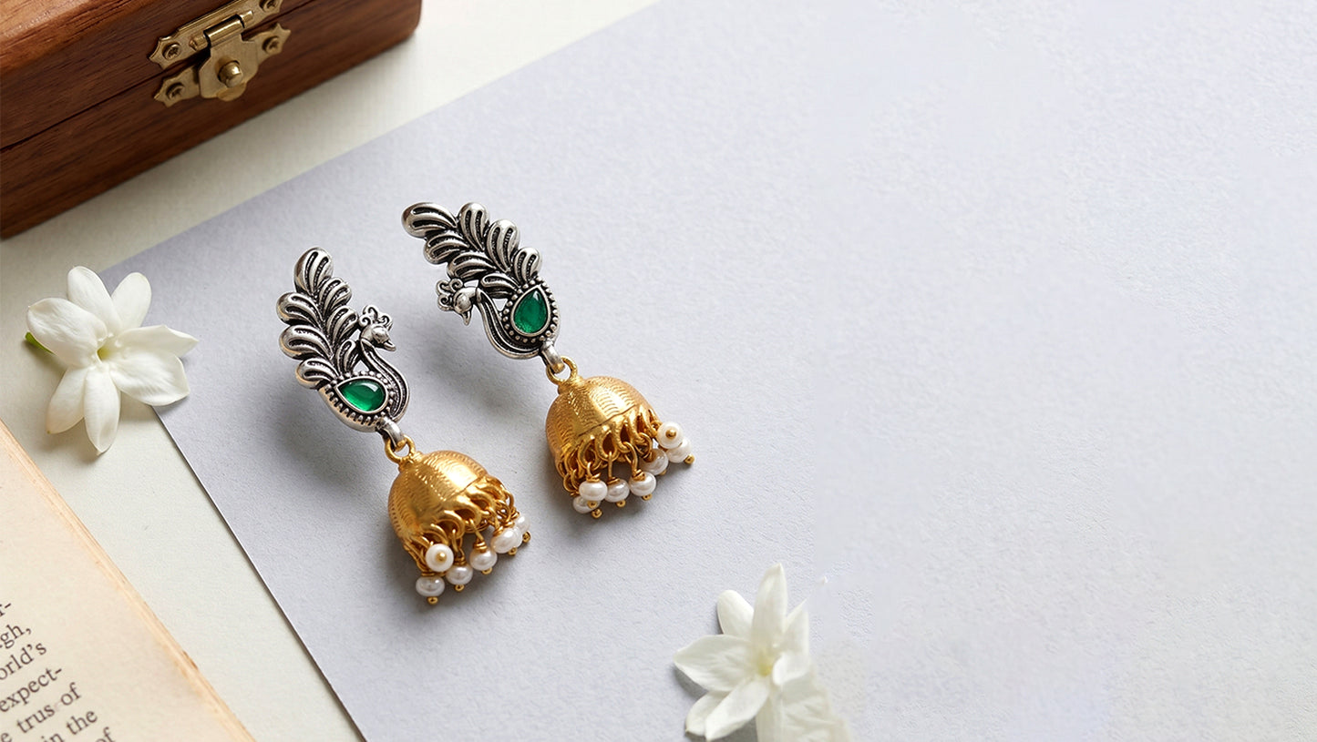Sangeeta Boochra Dual Plated Peacock Jhumka Earrings
