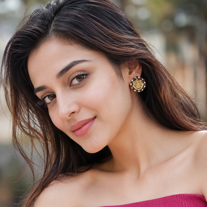 Sangeeta Boochra Dual-Plated Sterling Silver Floral Stud Earrings with Ruby & White Stones