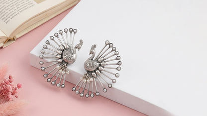 Sangeeta Boochra Pearl Accent Silver Peacock Earrings