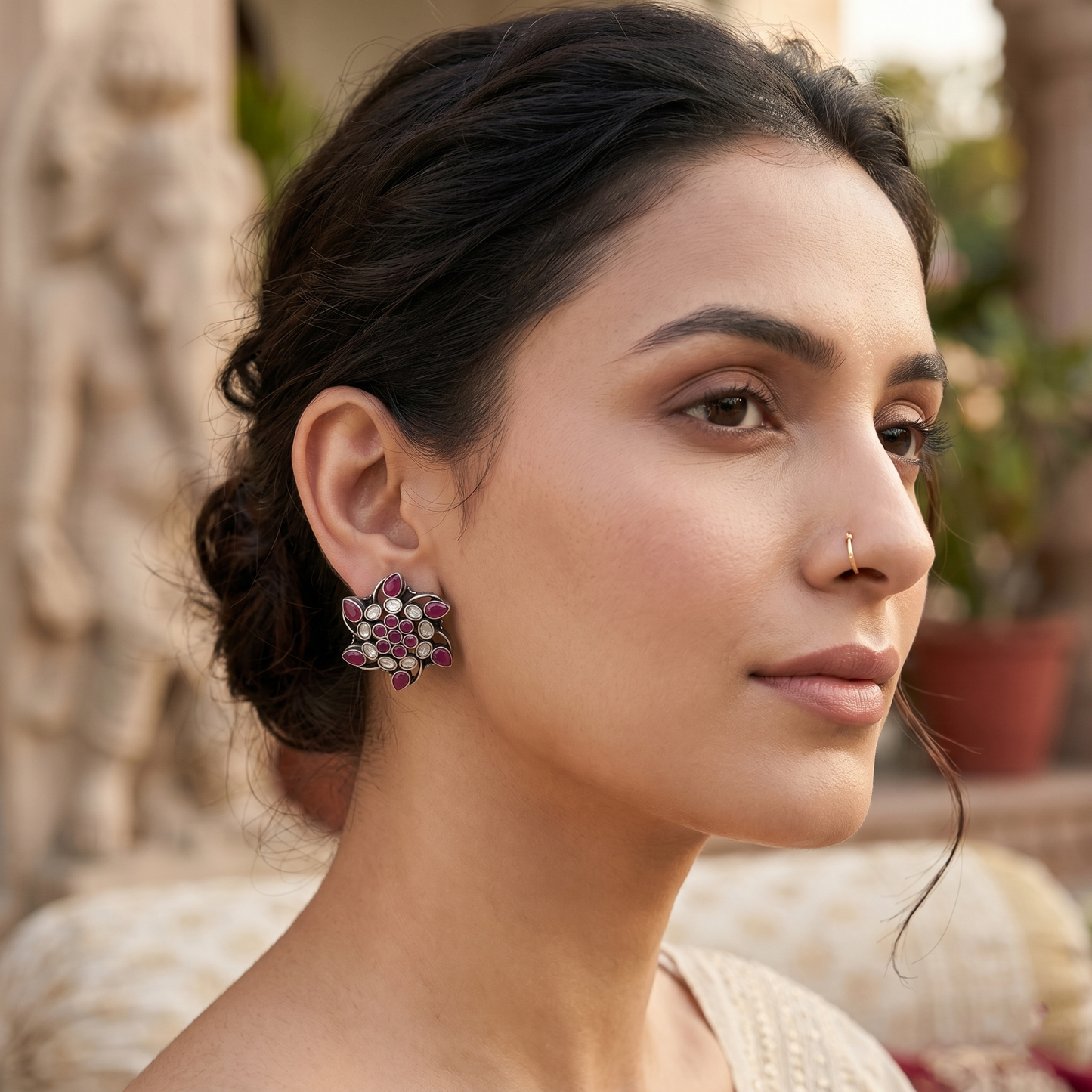Sangeeta Boochra Kundan Silver Floral Stud Earrings