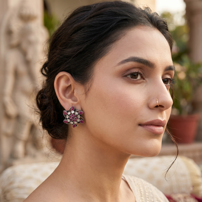 Sangeeta Boochra Kundan Silver Floral Stud Earrings