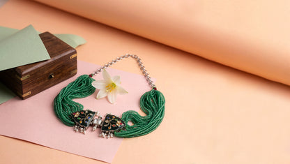 Sangeeta Boochra Handcrafted Green Bead Silver Statement Choker