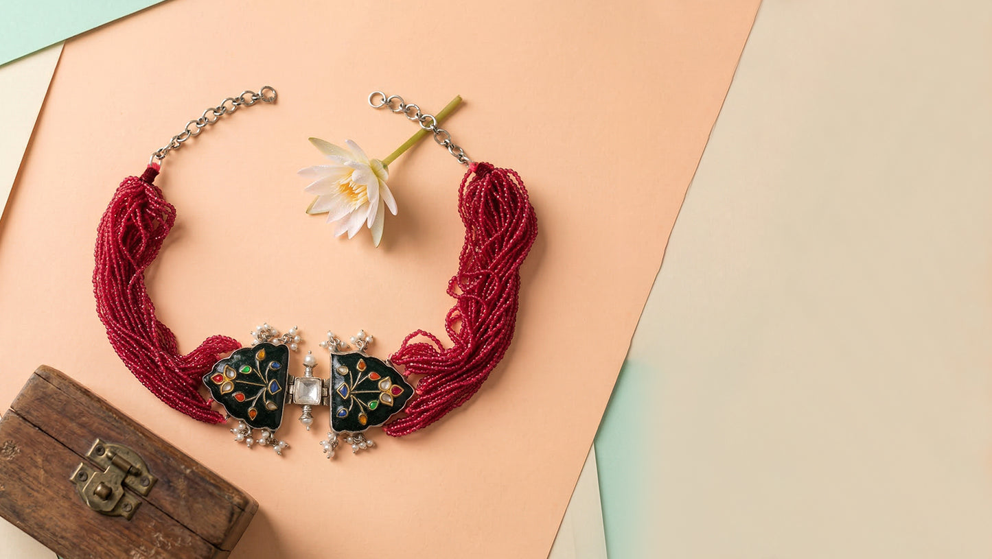 Sangeeta Boochra Multi-Strand Red Bead Silver Statement Choker