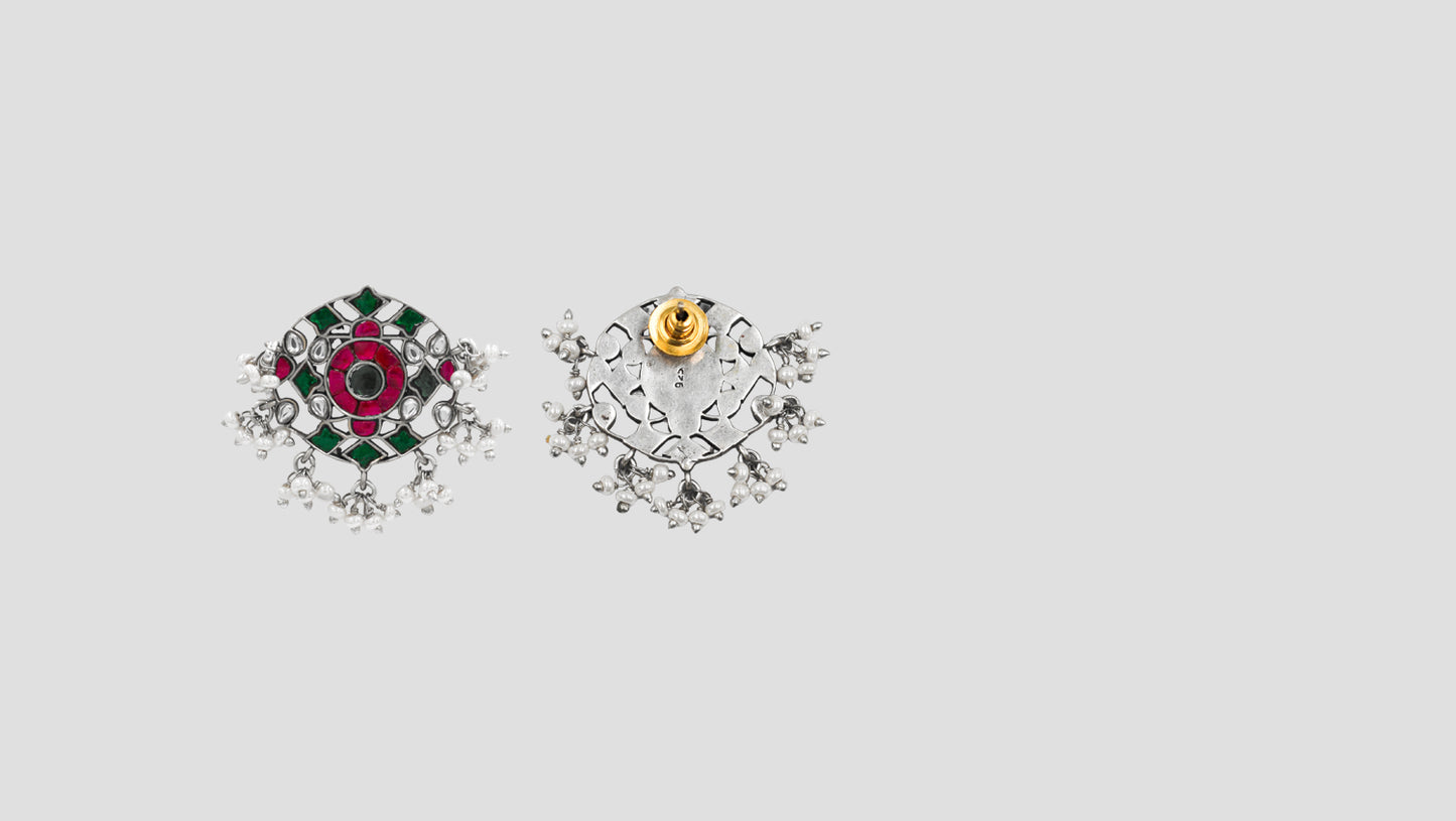Sangeeta Boochra Oxidised Silver Studs with Red & Green Enamel