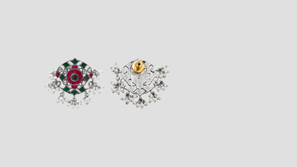Sangeeta Boochra Oxidised Silver Studs with Red & Green Enamel