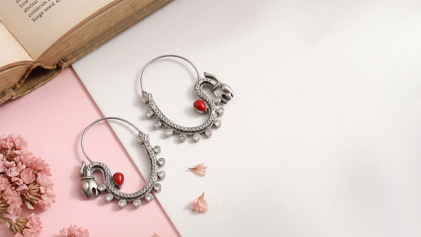 Coral Accent Silver Hoop Earrings by Sangeeta Boochra