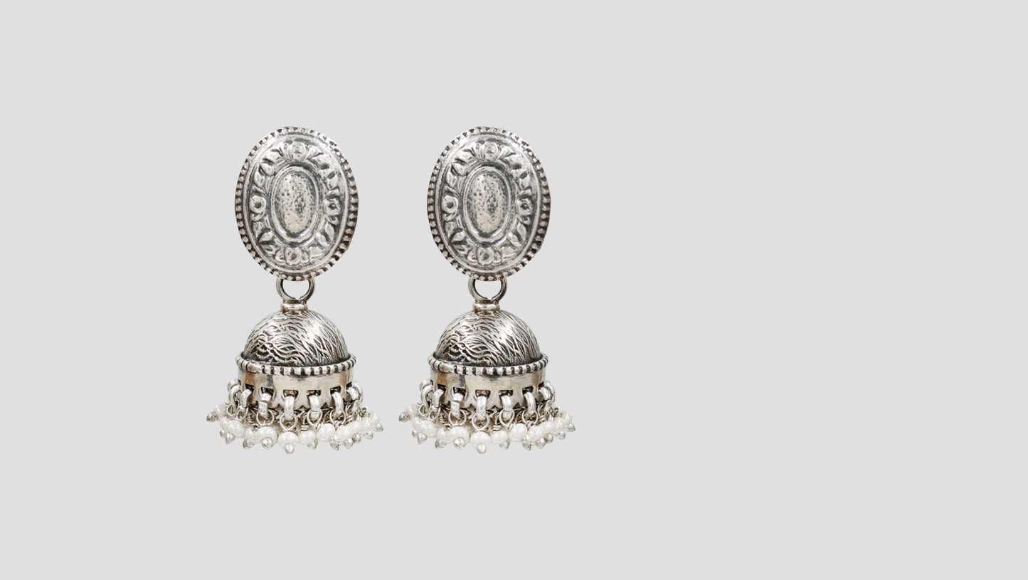 Sangeeta Boochra Handcrafted Oxidised Silver Pearl Jhumka Earrings