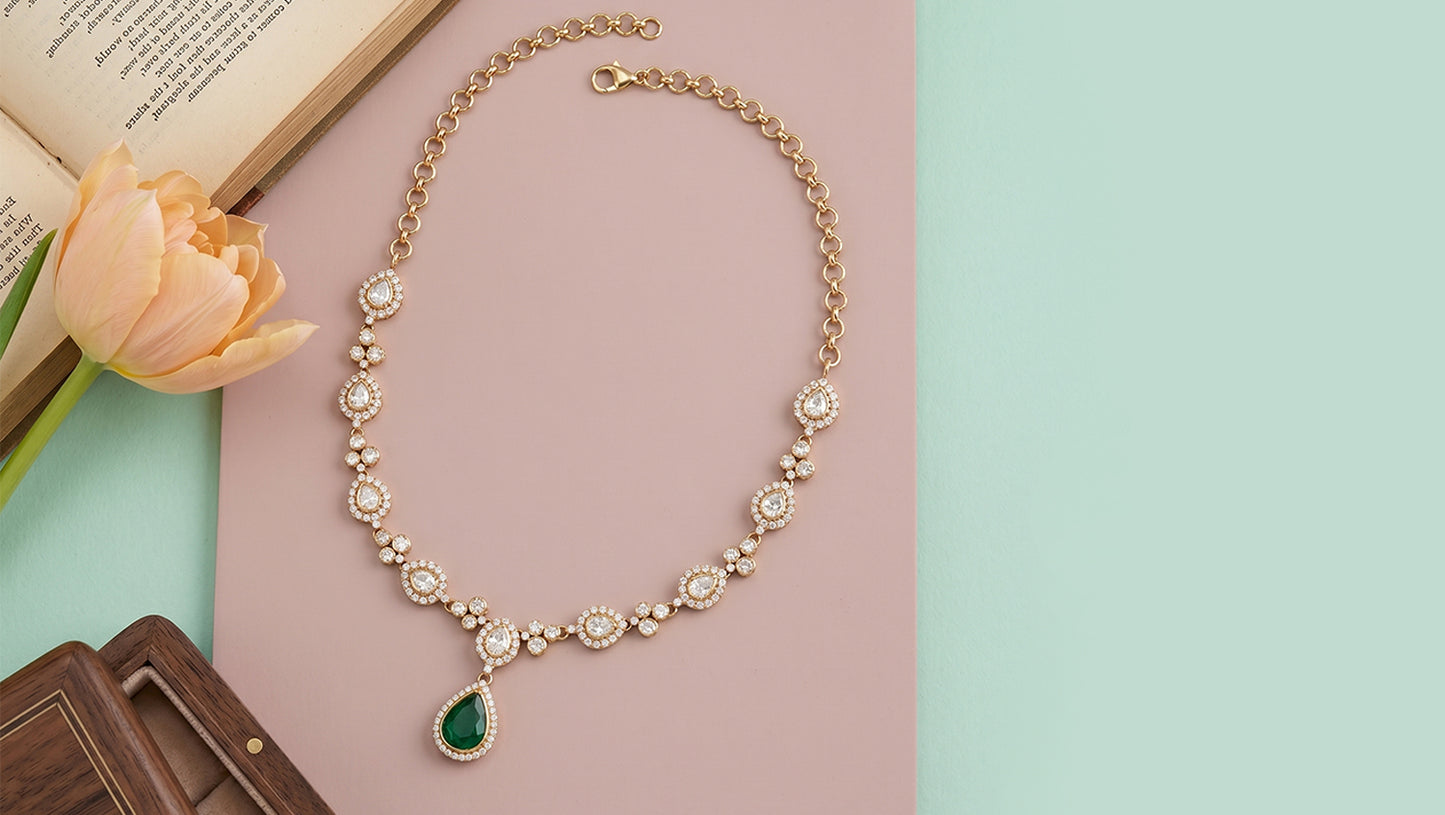 Sangeeta Boochra Royal Green Drop Moissanite Silver Set