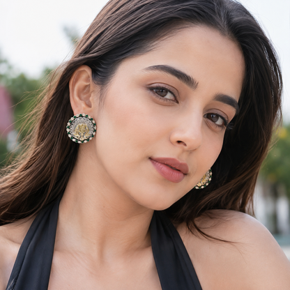 Sangeeta Boochra Handcrafted Dual Plated Silver Lotus Stud Earrings with Green & White Stones