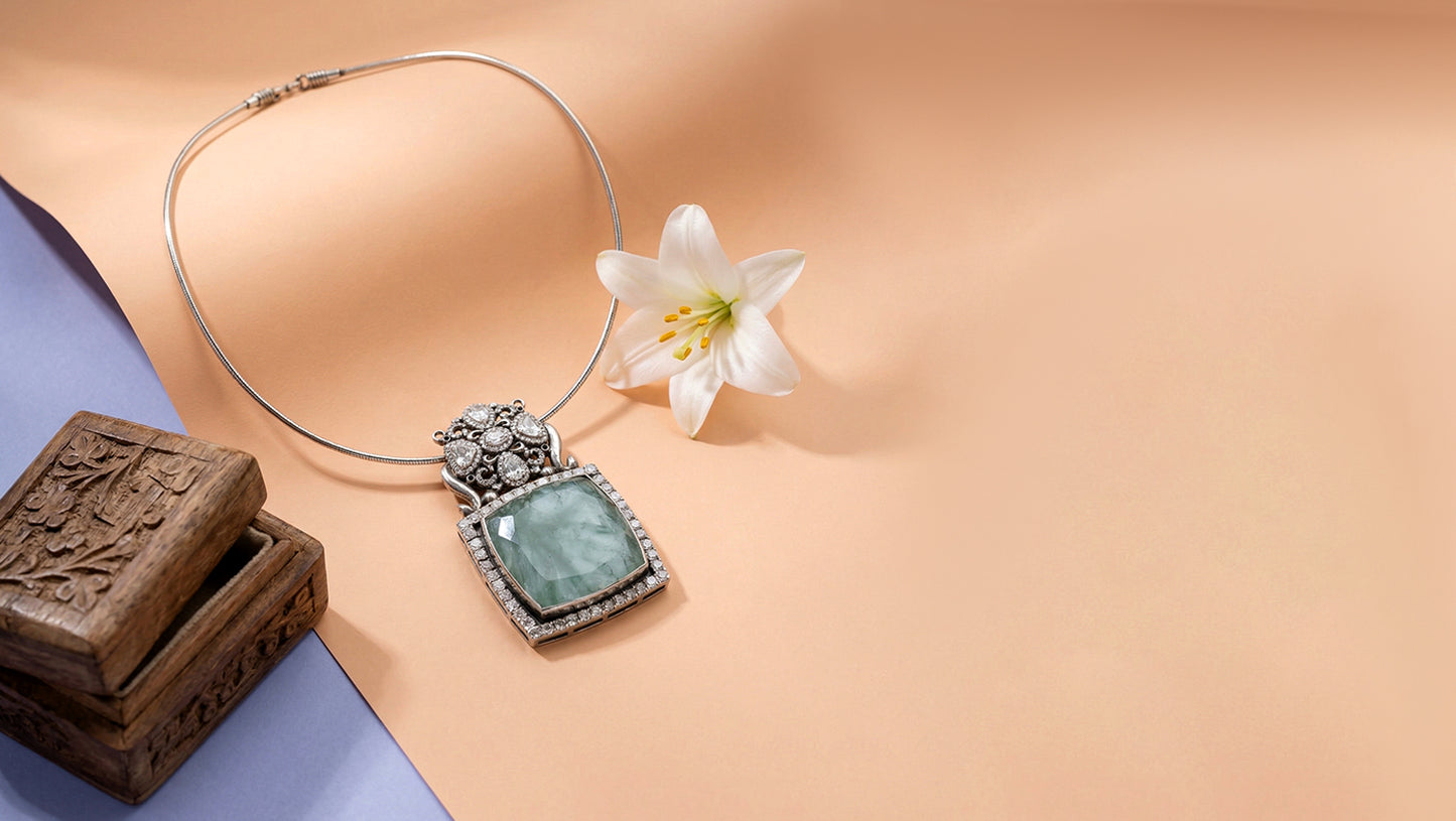 Sangeeta Boochra Artisan Moissanite Floral Silver Pendant