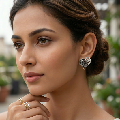 Sangeeta Boochra Peacock Motif Handcrafted Silver Earrings