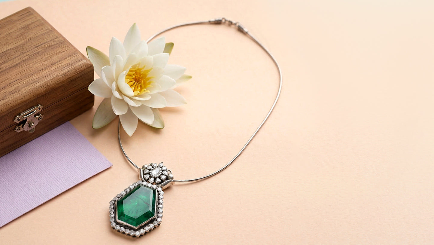 Sangeeta Boochra Handcrafted Moissanite Pendant with Bold Green Gem
