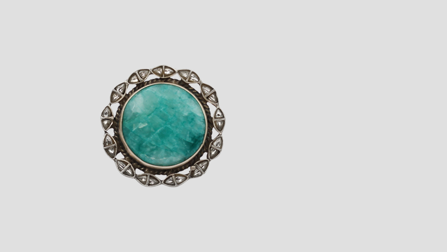 Sangeeta Boochra Handcrafted Silver Round Green Stone Ring