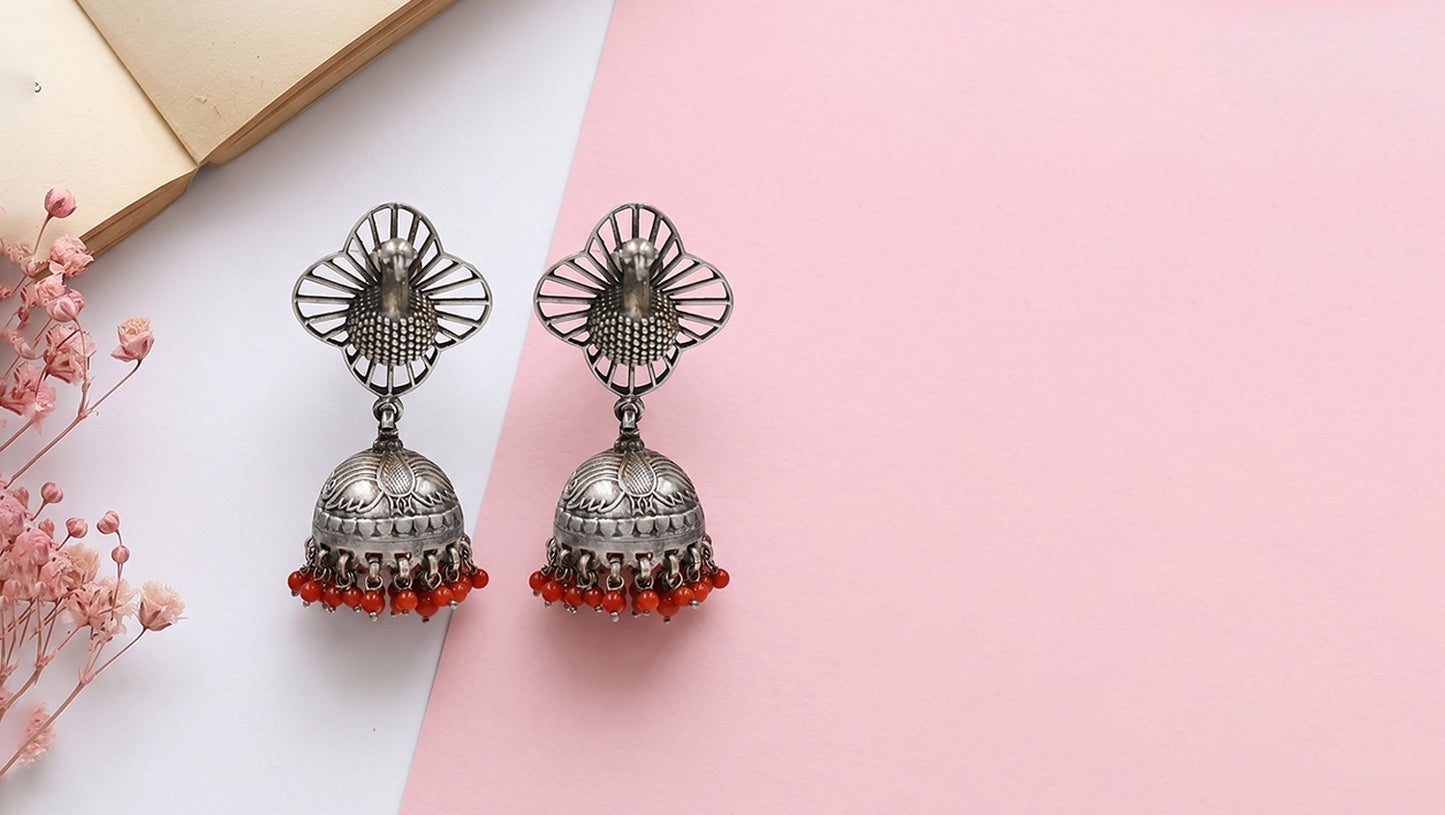 Peacock Motif Oxidised Silver Jhumka Earrings